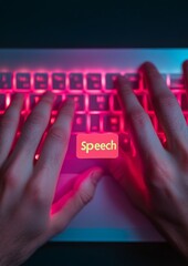 Poster - Neon Tech Activism Close-Up Hands on RGB LED Keyboard with Speech Sticker - Empowering Net Neutrality and Digital Privacy in Modern Workspaces