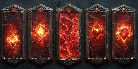 Poster - Fiery symbols illuminate ancient stone panels in a dark, mystical setting