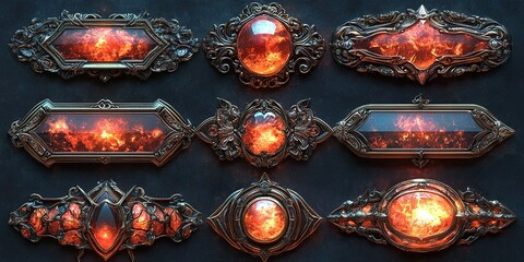 Poster - Decorative fiery frames with intricate designs set against a dark background