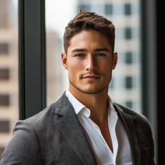 Wall Mural - Young male entrepreneur with short, neatly styled hair, wearing a charcoal gray blazer over a white shirt, standing near a window with a city skyline view, natural light highlighting his face,