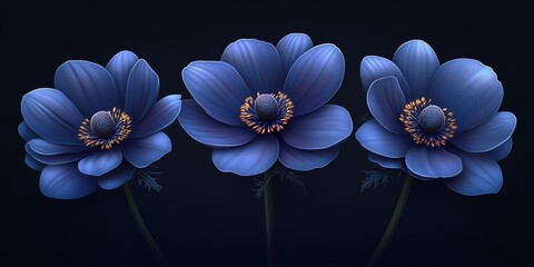 Poster - Vibrant blue flowers bloom against a dark background, showcasing intricate petal details and striking colors