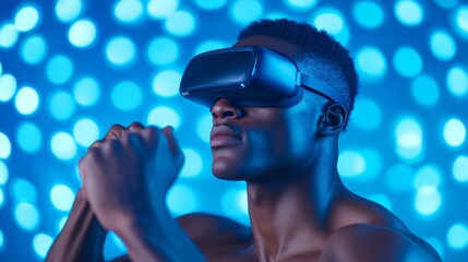Aufkleber - High-Performance VR Fitness Athletic Young Man in Immersive Workout with Blue LED Ambiance - Enhanced Health Tech Experience for Modern Home Gym Solutions