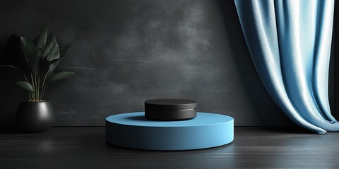 Poster - Modern minimalist display featuring a round black object on a blue podium against a textured gray wall