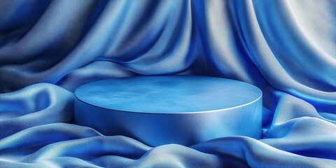 Poster - Blue pedestal surrounded by soft blue fabric creating a serene atmosphere in an artistic display