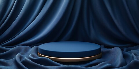 Poster - Elegant blue display platform surrounded by soft fabric creates a sophisticated ambiance for presentations or exhibitions