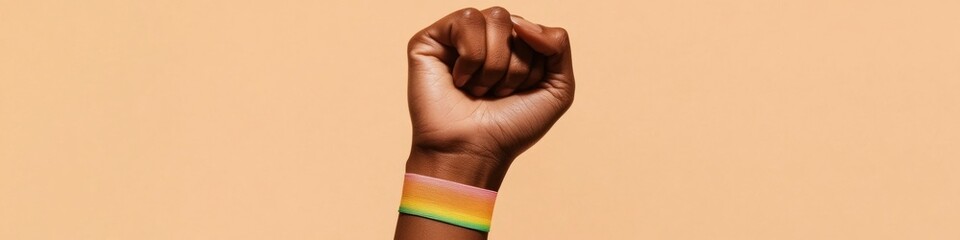 Poster - Minimalist Vibrant Holographic Wristband on Clenched Fist - Contemporary Symbol for Inclusive Tech Activism and Modern Marketing Imagery