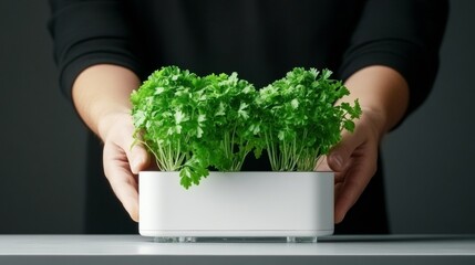 Poster - Futuristic Urban Hydroponic Setup Youthful Innovation in Compact Herb Grow Technology on Sleek Kitchen Counter - Smart Home Solutions and Culinary Efficiency