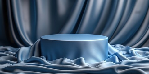 Poster - Soft blue fabric drapes elegantly around a circular pedestal in a serene setting suitable for displays or presentations