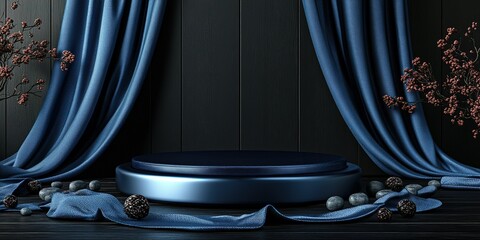 Poster - Elegant display pedestal with blue drapes and decorative elements in a modern setting