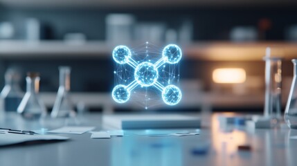 Aufkleber - Neon-Hued Scientific Visualization Holographic Molecule Display on Sleek Lab Desk - Innovation for Tech Research and Digital Collaboration in Advanced Scientific Workspaces