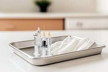 Poster - Modern Clinical Precision Stainless Steel Tray with Vaccination Supplies and Latex Gloves - Streamlined Medical Safety for Healthcare Facilities and Public Health Assurance