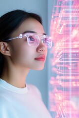 Aufkleber - Futuristic Retail Display East Asian Woman in 30s Engages with Holographic Shelving and Digital Illumination - Modern Tech for Small Business Empowerment and Customer Experience