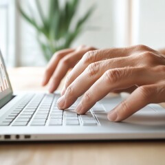 Fototapete - Modern Minimalist Workspace Hands Typing on Sleek Laptop with Natural Light - Efficient Business Content for Remote Productivity in Digital Marketing and Tech-Driven Environments