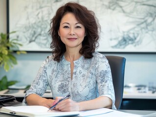 Poster - Minimalist Design Studio Asian Woman Entrepreneur Sketching in Sunlit Office - Enhancing Creative Industries with Modern Business Innovation and Inspired Aesthetic Concepts