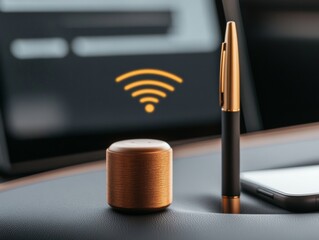 Aufkleber - Copper Elegance Portable Wi-Fi Device and Smartphone Ensemble on Leather Enhancing Mobile Office Functionality for Modern Business Professionals