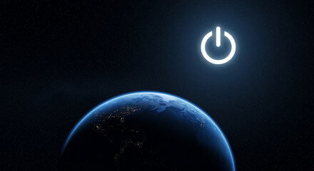 Poster - Earth with power button in space. Earth globe with power button floating in space