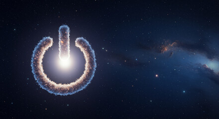 Poster - Power button in space. Glowing power button in the night sky. Power button symbol in space