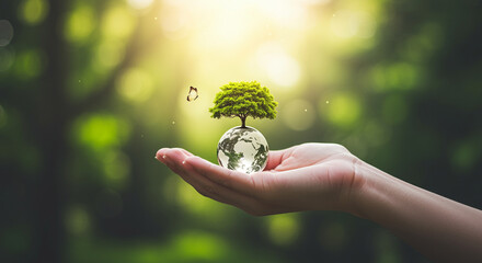 Poster - Tree growing on globe in hand. Environment concept with nature and tree. Hand holding globe with tree