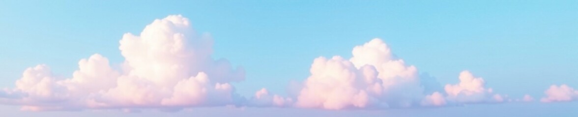 soft white clouds float in a clear blue sky with a subtle hint of pink and purple hues, surreal, nat