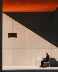 Aufkleber - Modern Minimalist Workspace Design Solitary Professional Engaged with Laptop in Sleek Urban Office - Business Innovation and Focus-Driven Productivity for Tech Industry