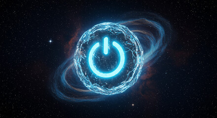 Poster - Glowing power button symbol in space. Power symbol with technology icon surrounded by cosmic nebula. Power button icon in space with nebula