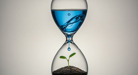 Poster - Hourglass with blue water and a plant growing inside. A single water drop is falling. The environment is light grey