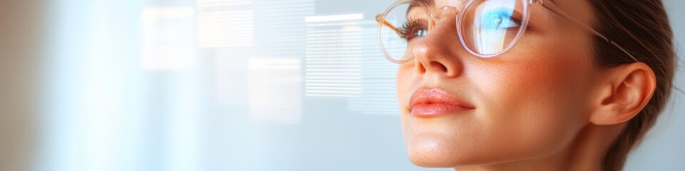 Poster - Futuristic Executive Focus Professional Woman in Smart Glasses with Interactive AR Interface - Cutting-Edge Leadership and Innovation for Corporate Tech Strategy