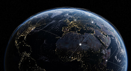 Poster - Earth view with global connectivity. The image shows a view of the Earth with a network of connections across the globe