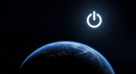 Poster - Earth with power button in space. Earth and power button in dark space with stars