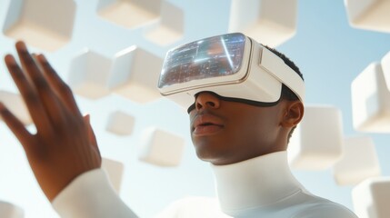 Aufkleber - Futuristic VR Interface Young Man in Sleek VR Headset with AI Holograms - Metallic Space Design for Cutting-Edge Tech and Digital Innovations in Business Strategy