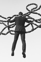 Poster - Futuristic Breakthrough Concept Businessperson in Sleek Suit Amid Twisting Metaphorical Constraints - Dynamic Urban Imagery for Leadership Empowerment and Innovative Corporate Narratives