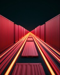 Poster - Neon-Lit Cargo Container Corridor Industrial Symmetry and Vibrant Light Effects for Global Freight Logistics Promotion in Tech-Driven Maritime Trade Solutions