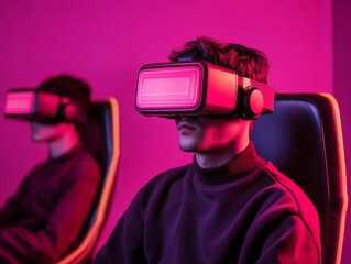 Poster - Retro-Futuristic VR Experience Neon-Tinted Gaming Glasses in Dim Ambiance - Immersive Tech for Next-Gen Entertainment and Digital Marketing Innovations