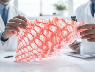 Leinwandbilder - Eco-Tech Workspace Indian Engineers Examine Fish Scale-Inspired -Printed Material Under Microscope - Pioneering Biomimicry in Sustainable Manufacturing and Design Innovation