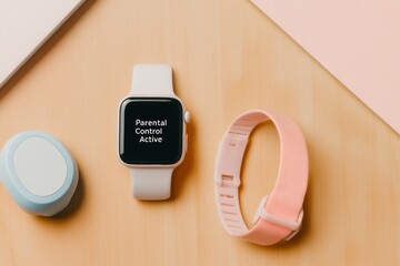 Poster - Minimalist Digital Parenting Aesthetic Sleek White Smartwatch with Parental Controls on Wooden Desk for Modern Family Tech Management
