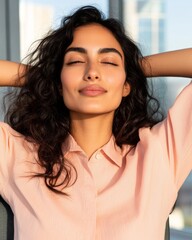Poster - Ergonomic Micro-Breaks Indian Woman in Modern Office, Stress Relief in Natural Light for Enhanced Workplace Wellness and Productivity, Business Innovation Lounge