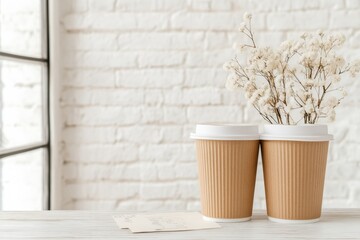 Aufkleber - Scandinavian Freelance Workspace Eco-Friendly Coffee Cups and Rustic Notes in Bright Cafe - Modern Collaboration and Creative Entrepreneurial Culture