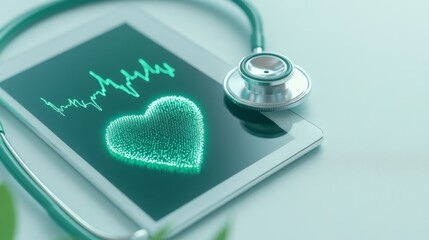 Leinwandbilder - Sleek Digital Innovation Metallic Stethoscope on Smart Tablet with Heart Monitor - Tech-Forward Patient Care and Healthcare Branding Solutions