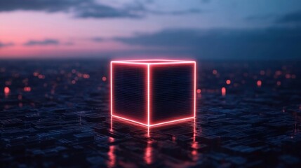 Aufkleber - Neon-Infused Futuristic Cube in Urban Evening Setting Metallic Structure with Cybersecurity Overlay for Innovative Tech Branding and Digital Marketing Solutions