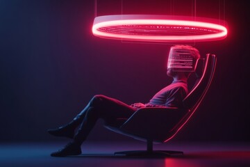 Aufkleber - Futuristic Gaming Hub Neon-Infused AR Interface with Holographic Stats Suspended Above Minimalistic Chair and Curved Monitor - Cutting-Edge Esports and Immersive Tech Experience