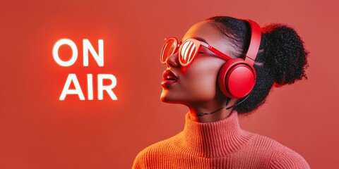Poster - Vibrant Radio DJ Vibe Afro-American Woman in Red Headphones and Cozy Knit SweaterModern Auditory Entertainment and Innovative Media Broadcasting