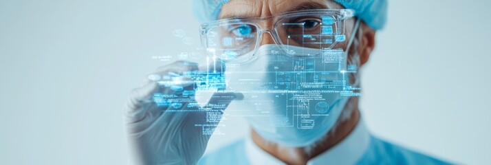 Poster - Futuristic Medical Coordination Healthcare Professional Analyzing Holographic Patient Data in Protective Gear - Digital Health Solutions and Emergency Response Innovation