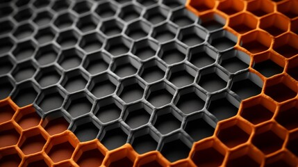 Poster - Graphite background with bright orange honeycomb hexagons for striking visual contrast