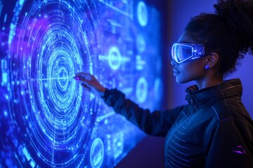 Poster - Holographic Interaction in Neon Lab Female Engineer Engaging with Solar System Interface - Tech Innovation in STEM Future Workspaces and Digital Marketing Insights
