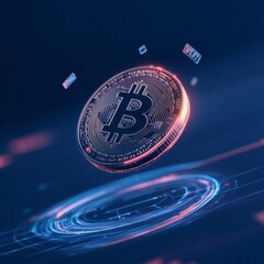 Poster - Futuristic Bitcoin Finance Display Hovering Coin with Neon Glow and Holographic Data - Advanced Digital Application and Cryptocurrency Trend Content