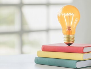 Poster - Minimalist Innovation Aesthetic Glowing Lightbulb on Colorful Books - Inspiring Educational Workspace for Creative Growth and Motivation