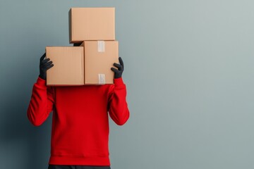 Poster - Contemporary Urban Courier Streamlined Courier in Red Attire Delivering Cardboard Packages - Dynamic E-commerce Visuals and Fast Delivery Solutions for Modern Business Efficiency