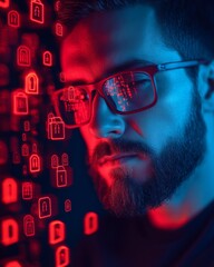 Leinwandbilder - Futuristic Cybersecurity Concept Programmer with Virtual Lock Icons and Code Reflections - Advanced Tech Branding and Secure Software Development Visualization for IT Professionals