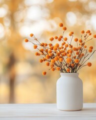 Poster - Minimalist Autumn Aesthetic White Ceramic Vase with Orange Blooms on Wooden Table - Seasonal Decor for Home and Lifestyle Marketing