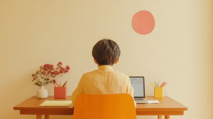 Poster - Contemporary Family Study Space Minimalist Wooden Desk for Remote Learning and Work - Modern Korean Home Design with Natural Light and Organized Setups for Productivity